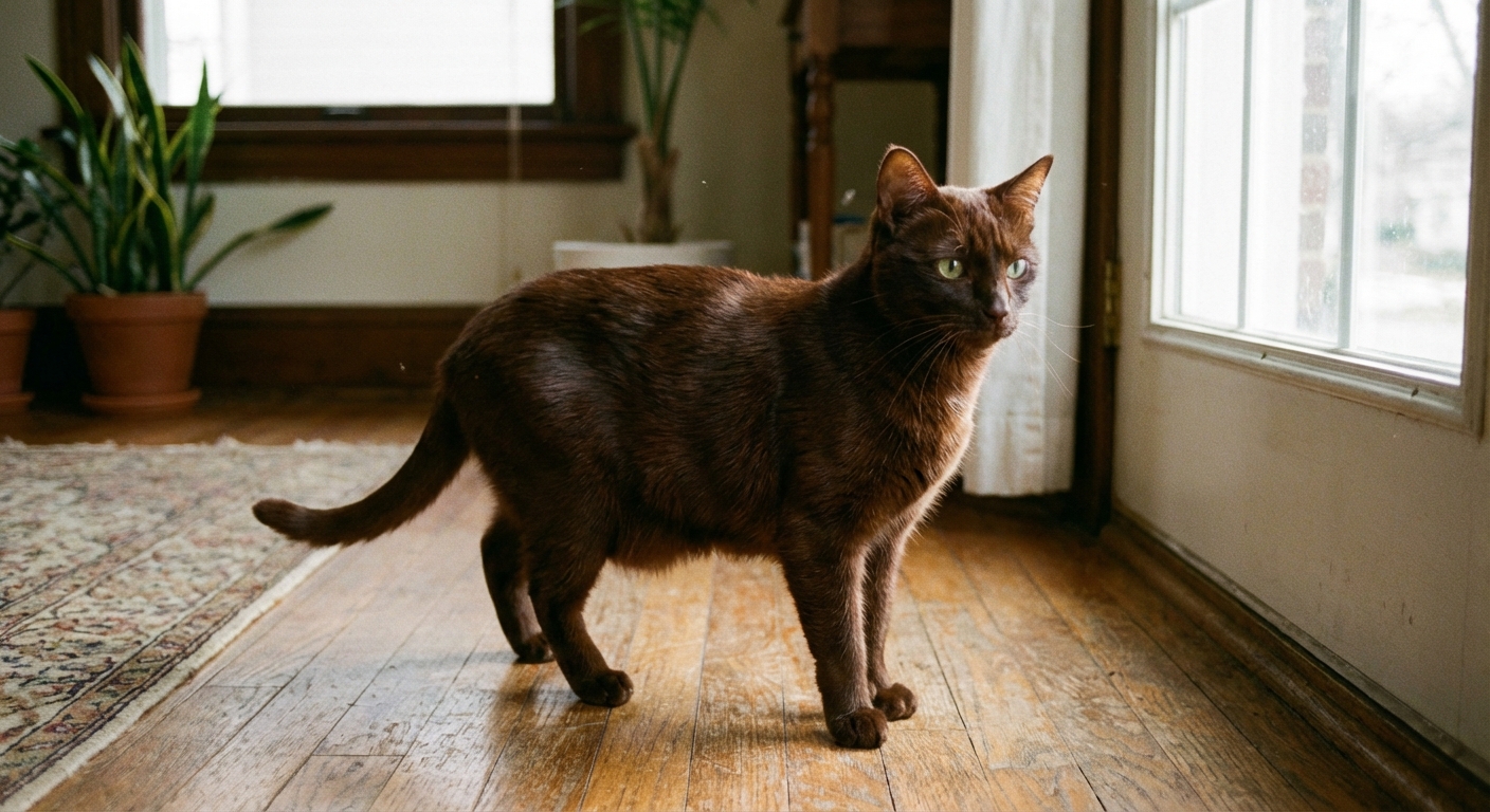A Havana Brown cat standing indoors on a wooden floor, showing its solid chocolate-brown coat in natural light