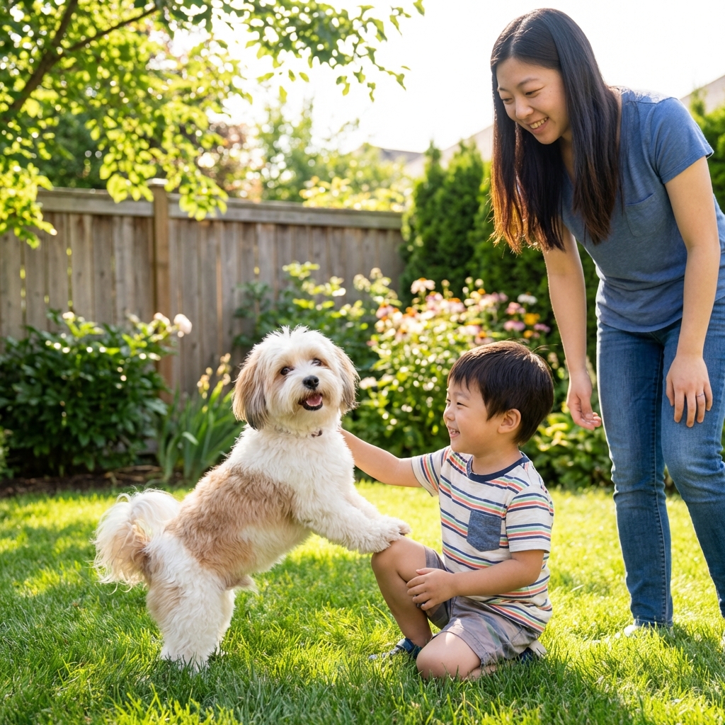 A Havanese gently greeting a child in a bright backyard while an adult supervises nearby
