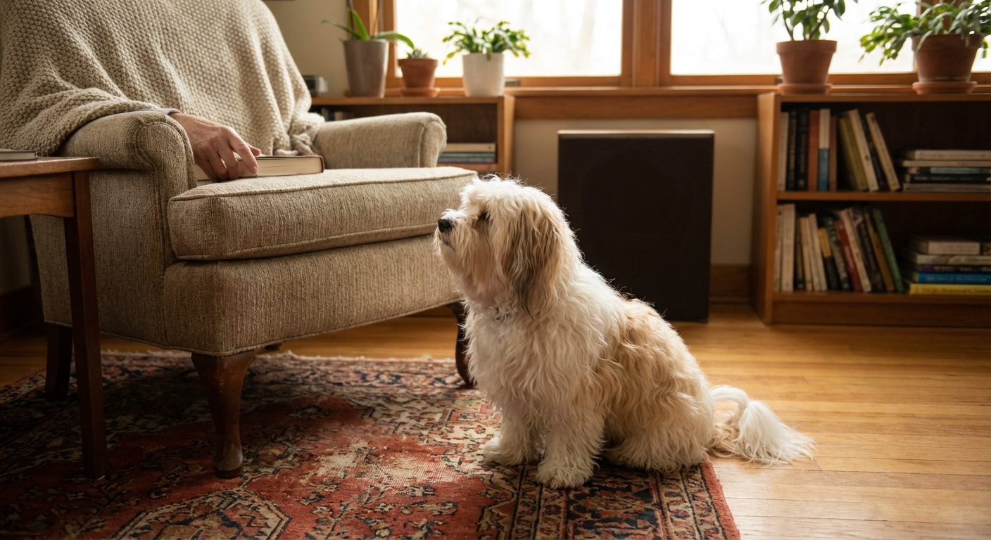 A Havanese sitting calmly beside an older adult’s chair indoors