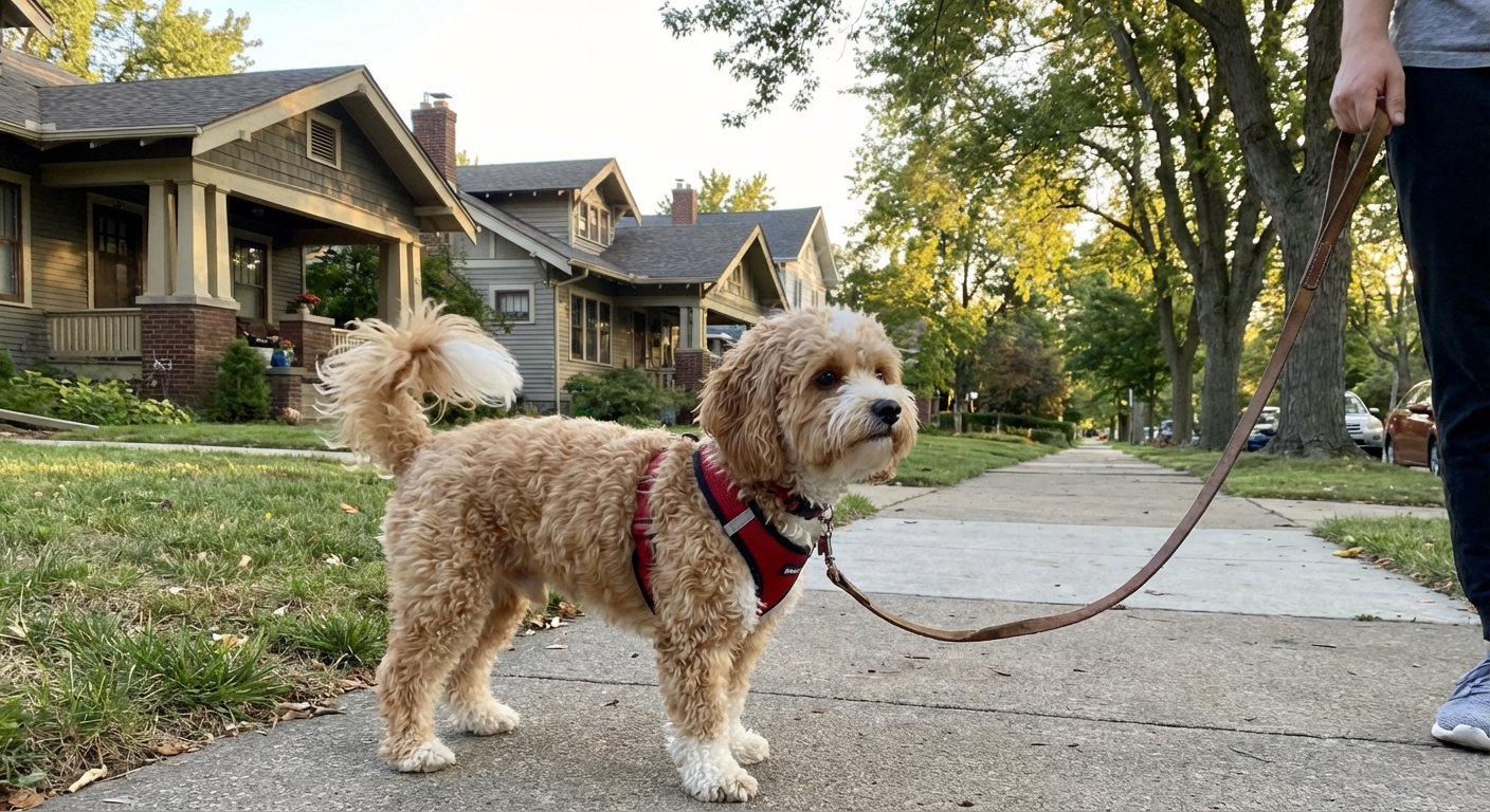 A Havapoo walking on a leash in a quiet neighborhood, showing a small size and confident posture