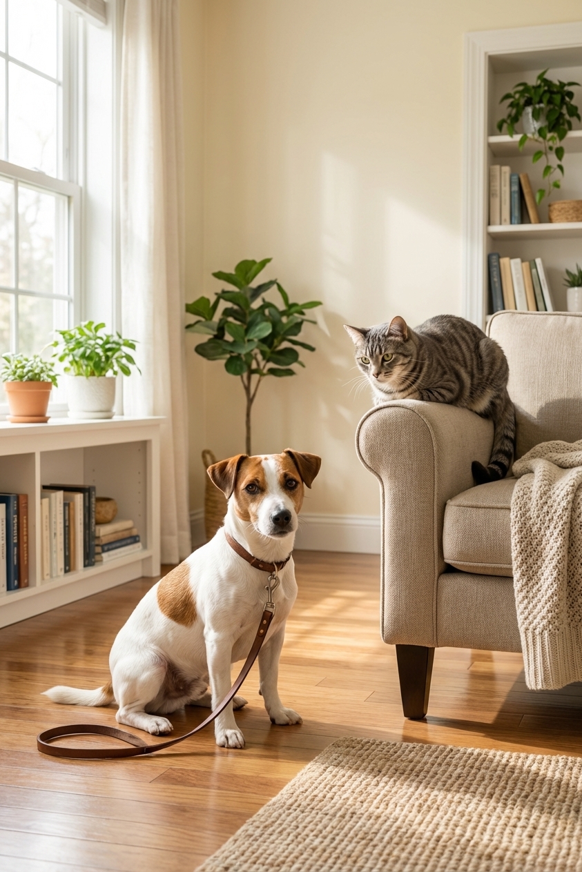 A Jack Russell Terrier on a leash sitting calmly while a gray tabby cat watches from a sofa at a safe distance, indoor natural light photograph