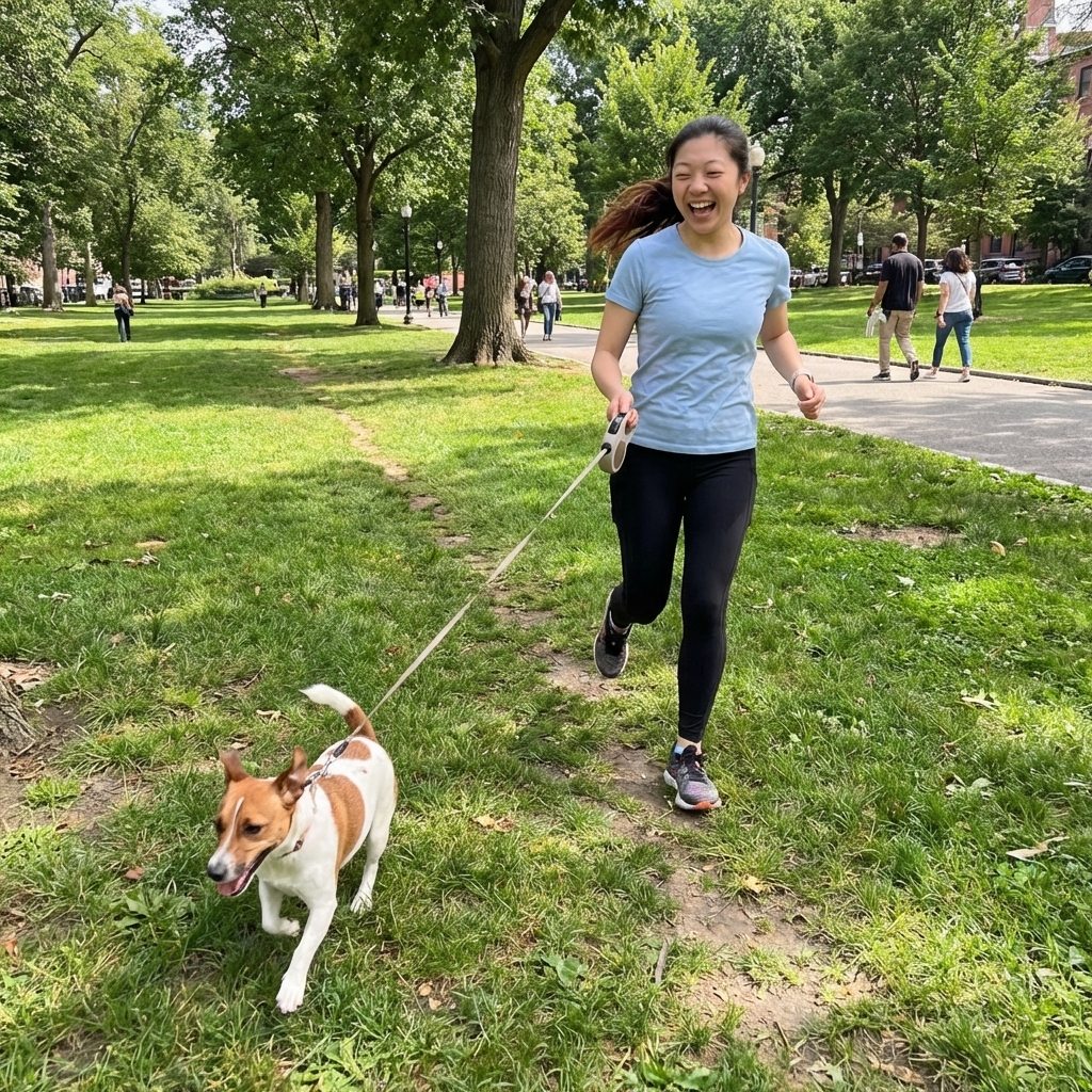 A Jack Russell Terrier running on a long leash with an owner in a green city park, candid outdoor photograph
