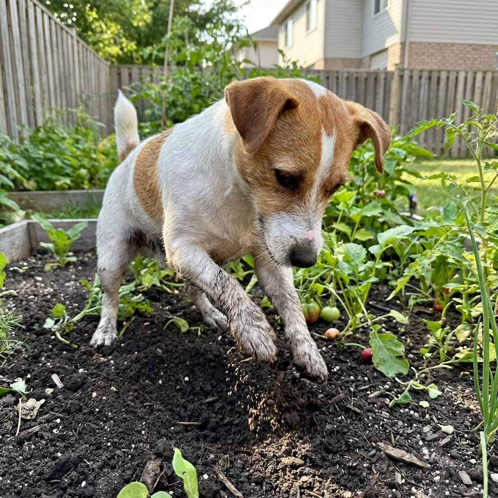 A Jack Russell Terrier with muddy paws digging in a backyard garden bed, candid outdoor photograph