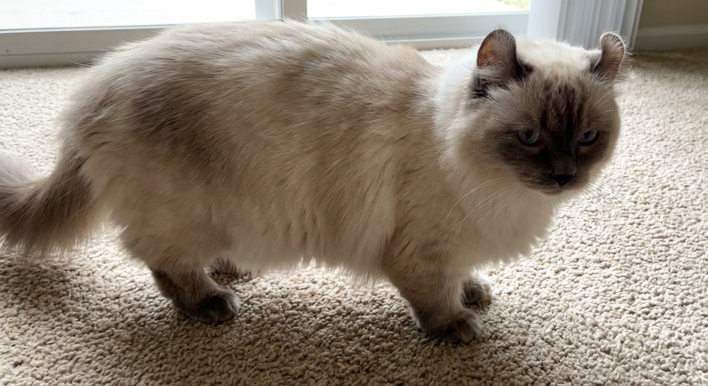 A Kinkalow cat standing on a carpeted floor, showing short legs, a compact body, and gently curled ears