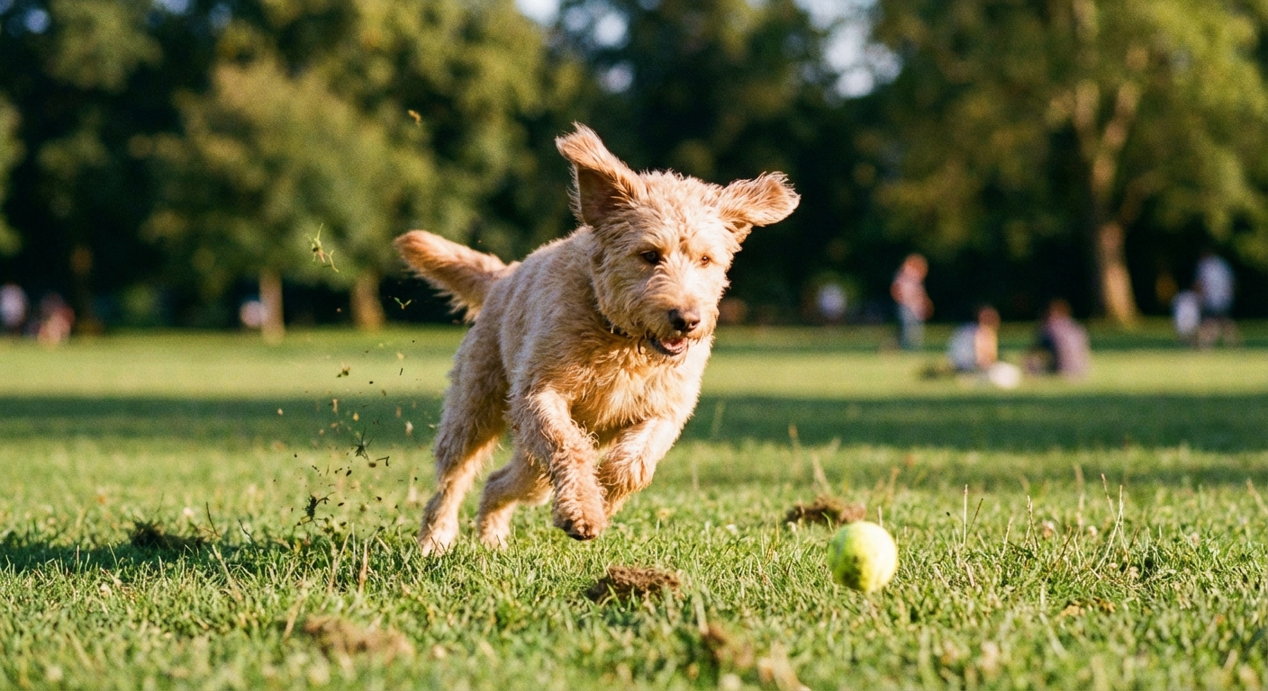 A Labradoodle running across a grassy park chasing a tennis ball, action photo with shallow depth of field