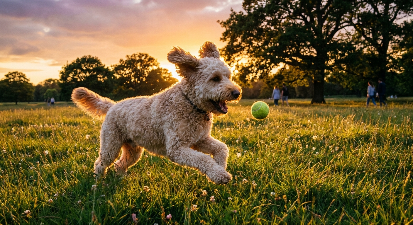 A Labradoodle running after a tennis ball on a grassy park field during golden hour sunlight