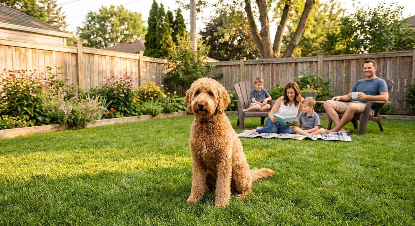 A Labradoodle sitting on a grassy backyard lawn while a family relaxes nearby, warm natural light, real-photo style