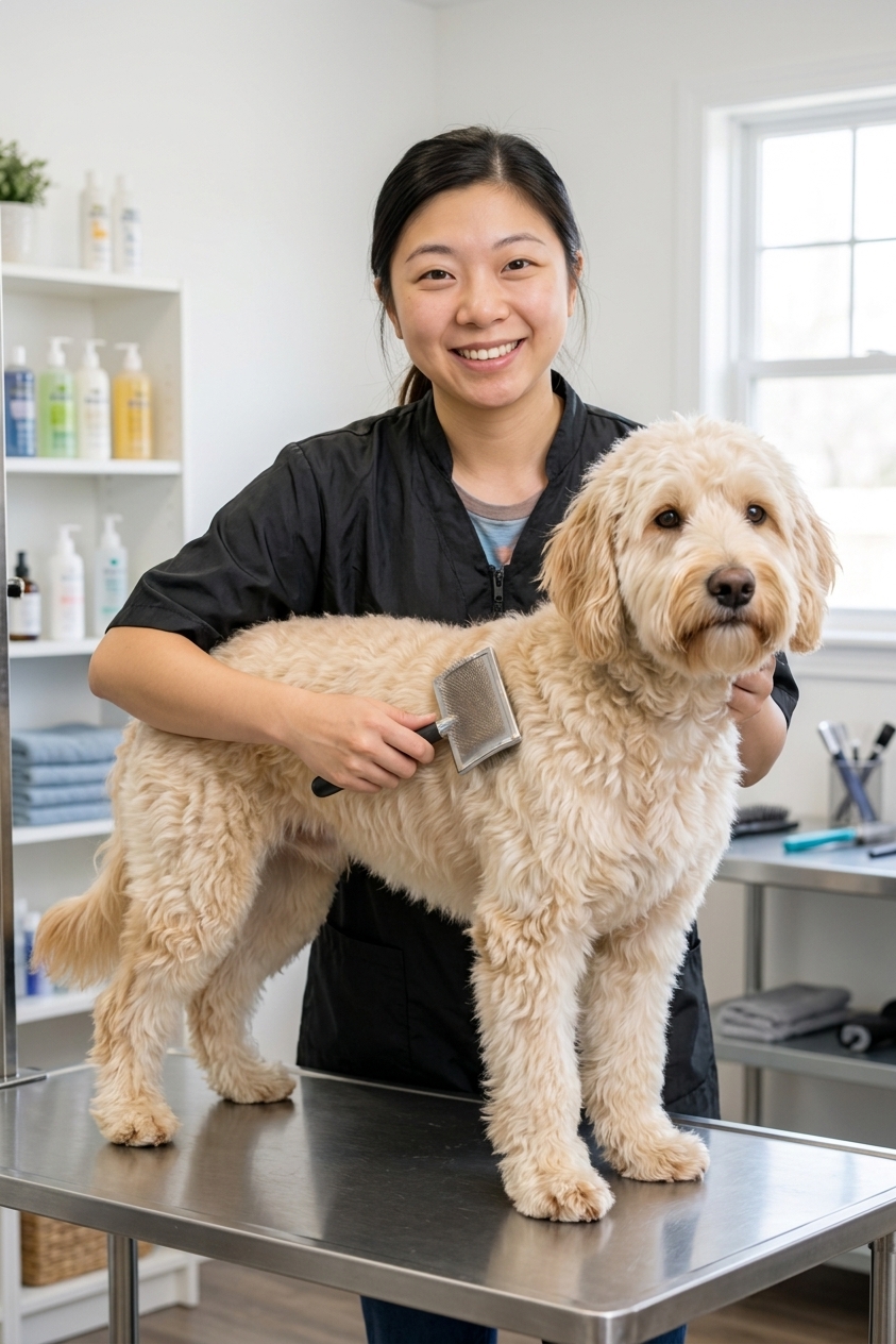 A Labradoodle standing calmly on a grooming table while a groomer brushes its wavy coat, real-photo style