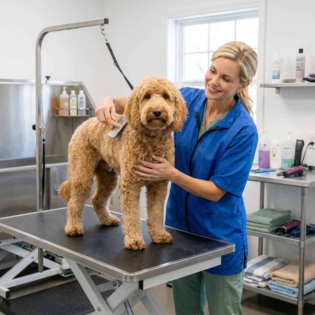 A Labradoodle standing on a grooming table while a professional groomer gently brushes the coat, salon setting, real photography style
