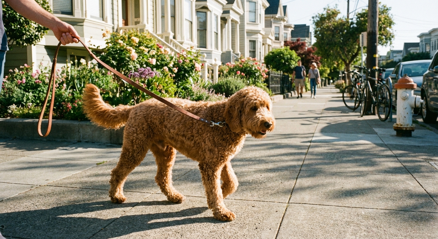 A Labradoodle walking on a leash on a neighborhood sidewalk on a sunny day