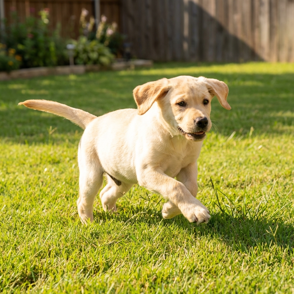 A Labrador Retriever puppy running across a grassy yard on a sunny day