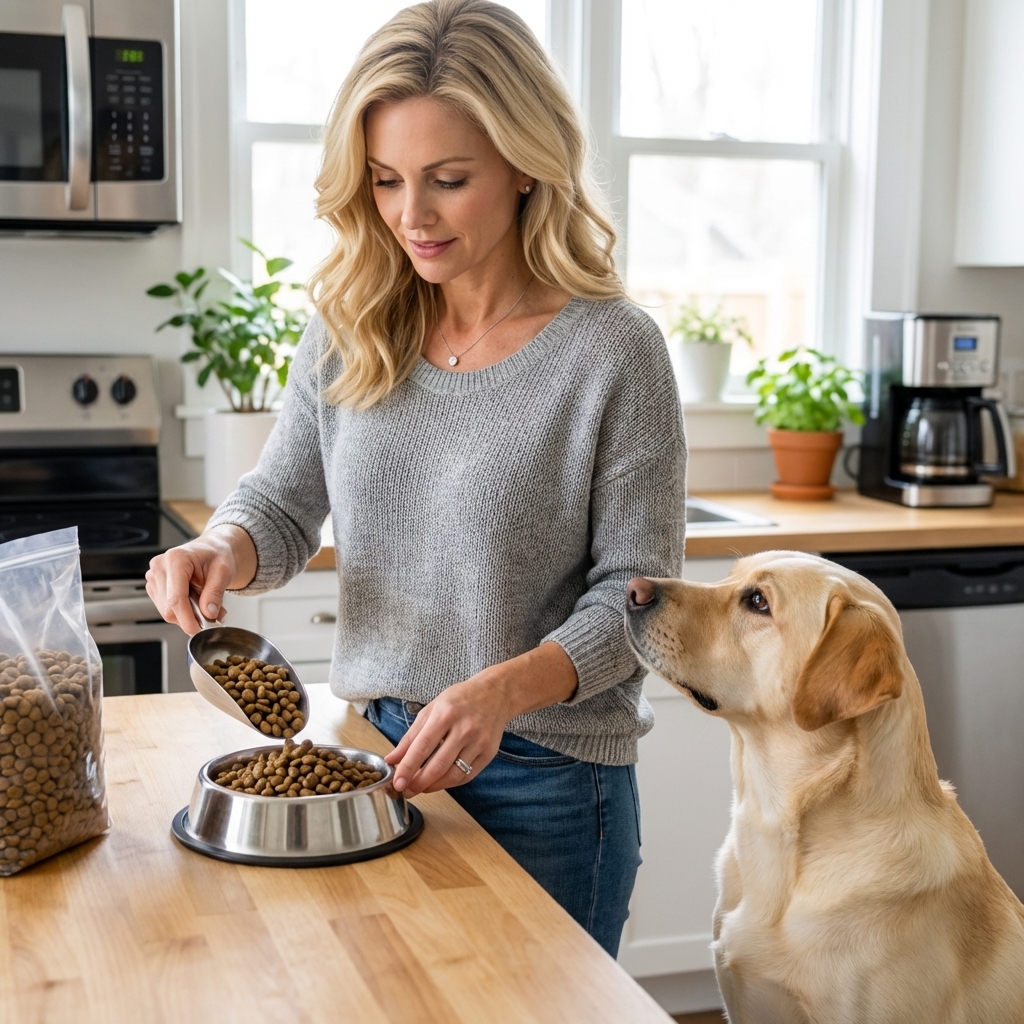 A Labrador Retriever sitting beside a pet parent measuring dog food with a scoop on a kitchen counter, realistic photography