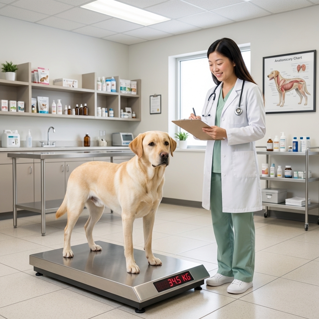 A Labrador Retriever standing on a scale at a veterinary clinic while a technician records the weight