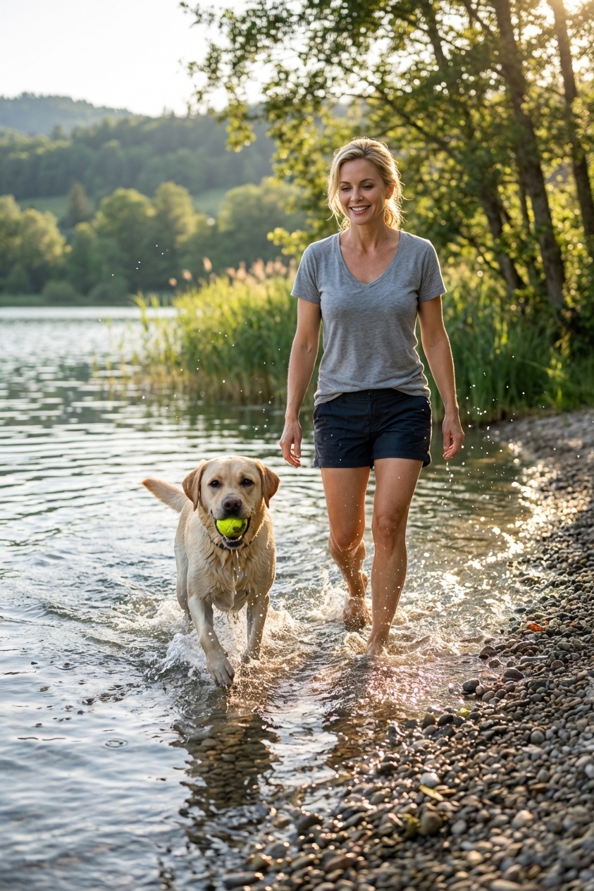 A Labrador retriever carrying a tennis ball while wading out of a lake toward shore, realistic action photo