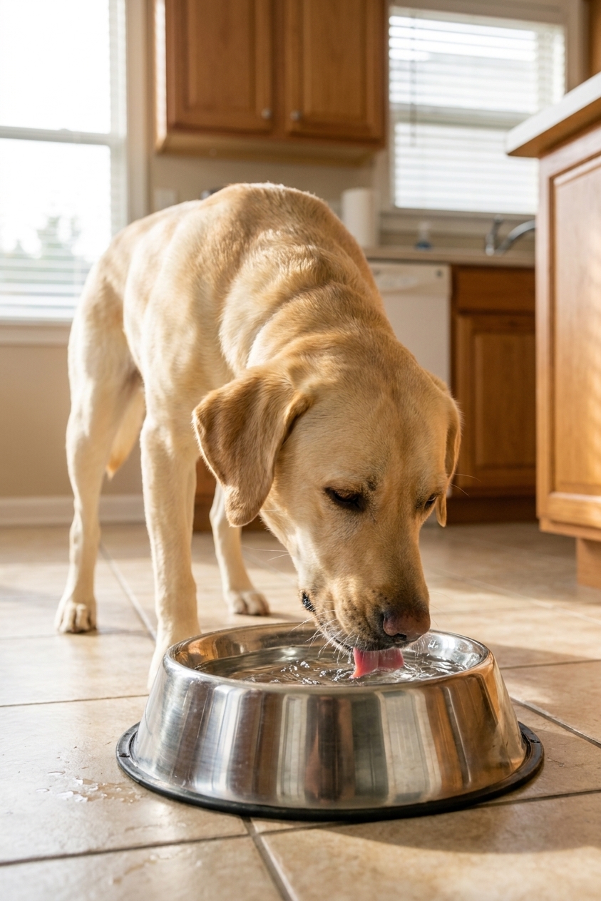 A Labrador retriever drinking from a stainless steel water bowl on a kitchen floor in natural daylight