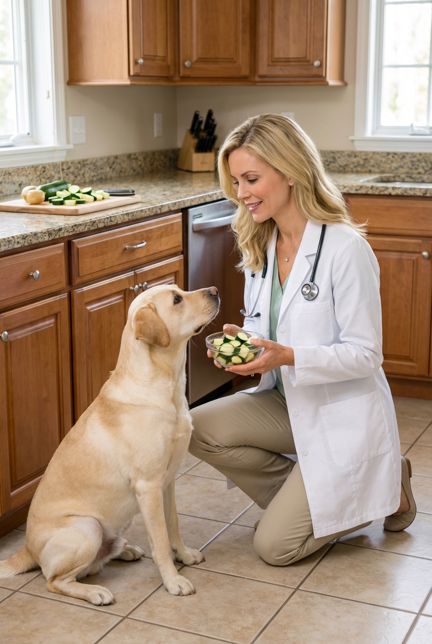 A Labrador retriever sitting in a kitchen while a person holds a small bowl of chopped zucchini