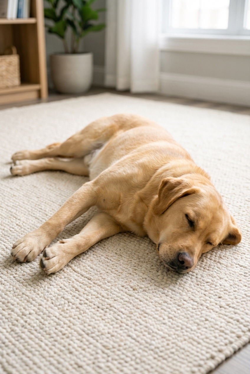 A Labrador retriever sleeping on its side with legs stretched out on a carpet