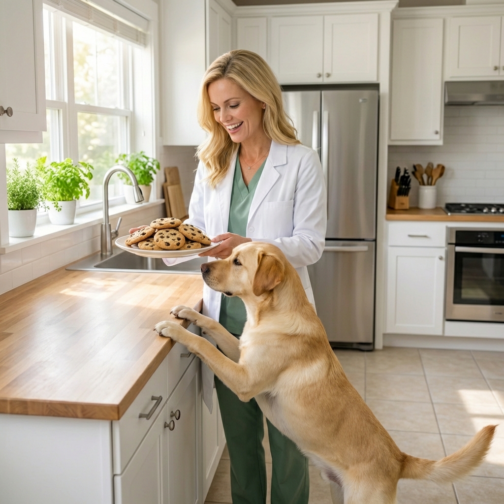 A Labrador retriever sniffing at a kitchen counter while a person keeps a plate of chocolate cookies out of reach