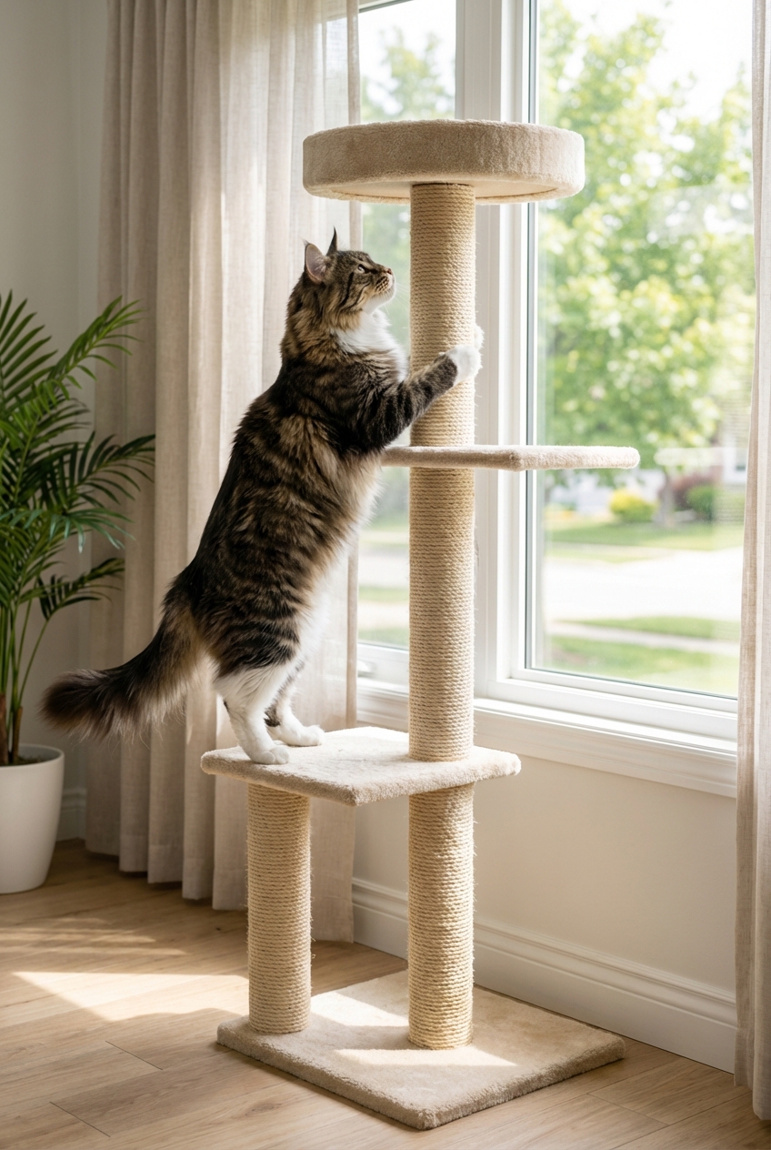 A Maine Coon cat climbing a tall cat tree near a window