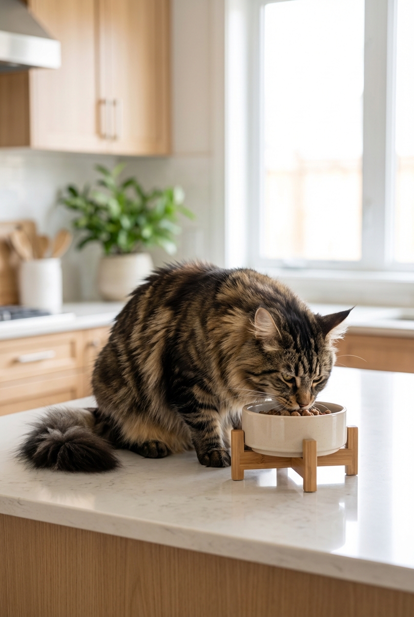 A Maine Coon cat eating from a raised food bowl in a clean kitchen