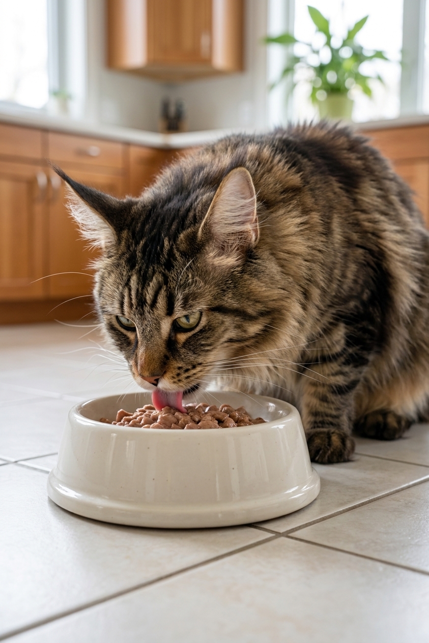 A Maine Coon cat eating wet food from a ceramic bowl on a clean kitchen floor, realistic photography