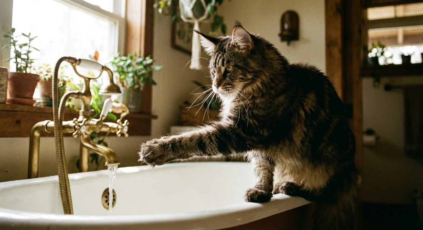 A Maine Coon cat reaching a paw toward a gently running bathroom faucet