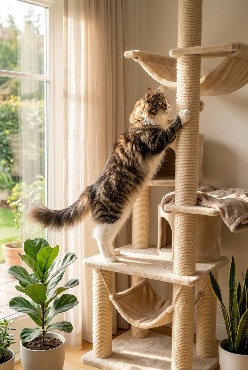 A Maine Coon cat stretching on a tall cat tree near a bright window