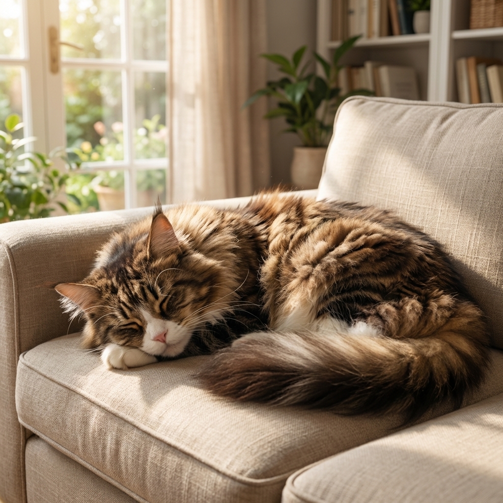 A Maine Coon cat with a thick coat resting on a living room sofa in natural window light