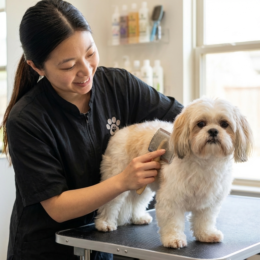 A Malshi on a grooming table while a groomer gently brushes the dog’s coat with a slicker brush, close-up, photorealistic