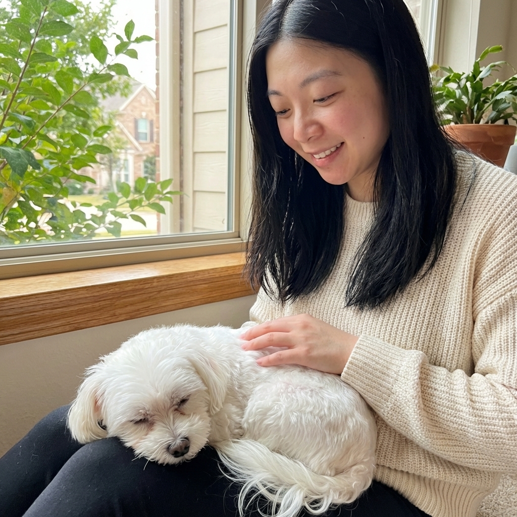 A Maltese resting peacefully on a person’s lap near a window