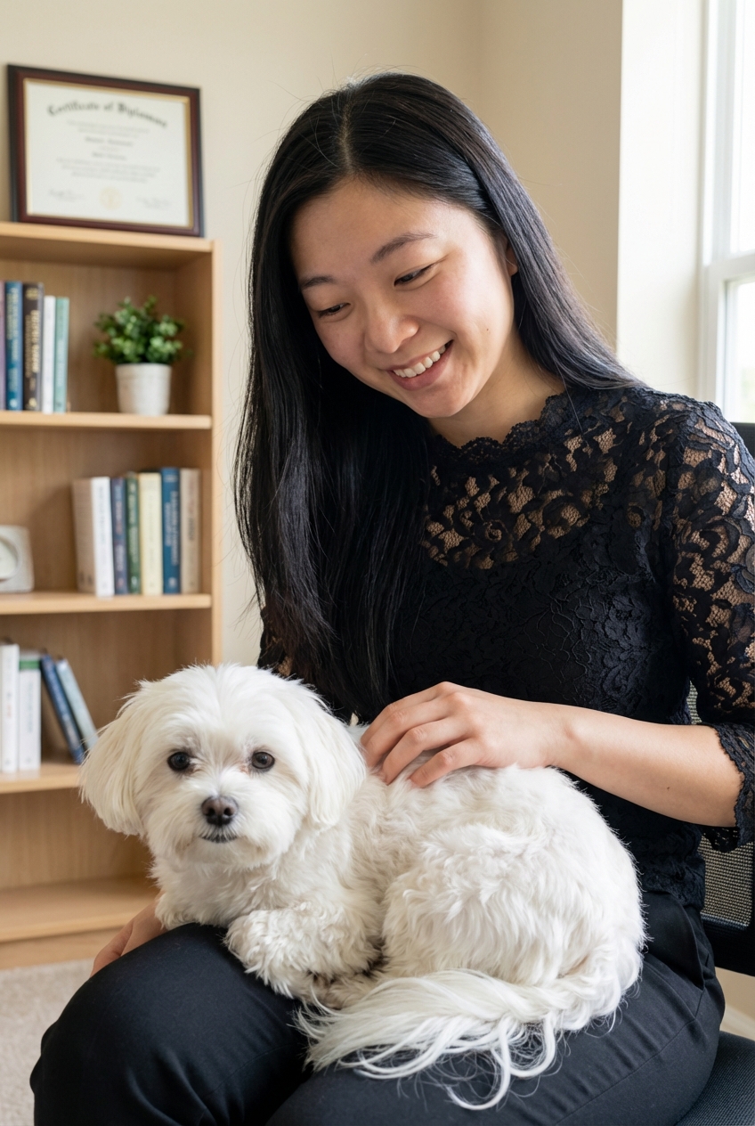 A Maltese sitting on a person’s lap indoors while being gently petted