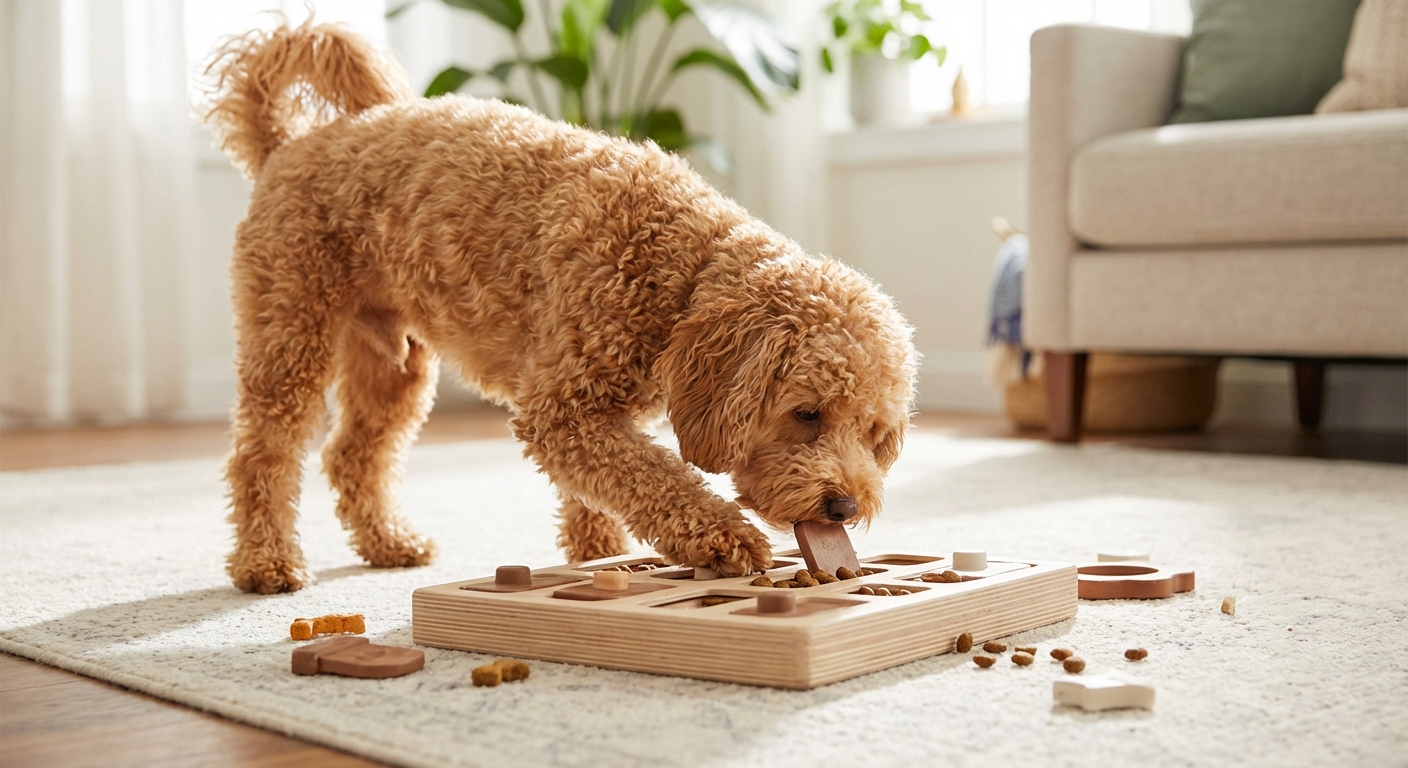 A Maltipoo playing with a puzzle feeder toy.