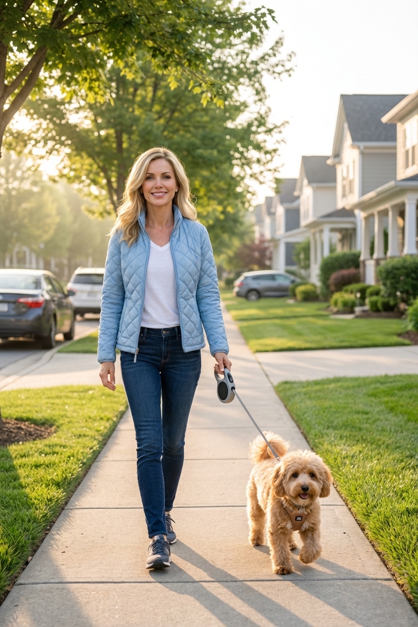 A Maltipoo walking on a leash next to its owner on a quiet neighborhood sidewalk in soft morning light, realistic outdoor photography
