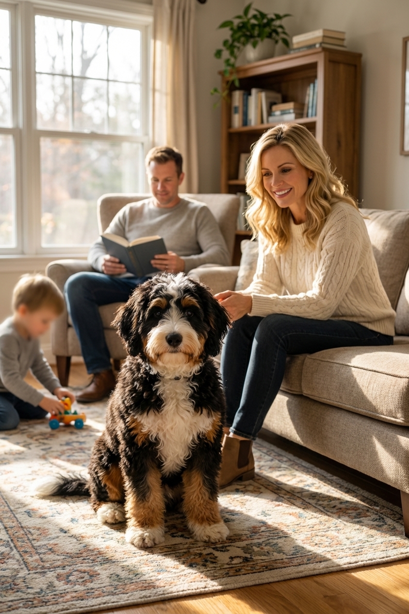 A Mini Bernedoodle sitting calmly on a living room rug with a family nearby, relaxed home environment, natural window light, photorealistic