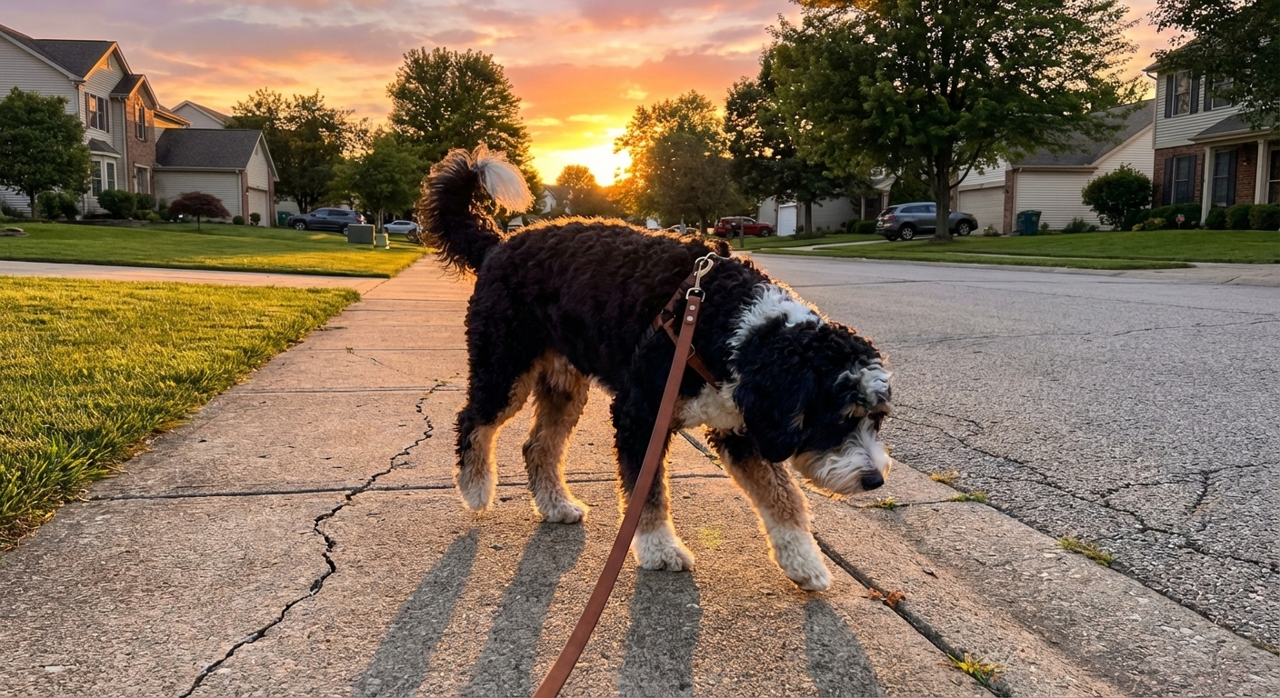 A Mini Bernedoodle walking on a leash along a neighborhood sidewalk at sunset with a relaxed posture, photorealistic