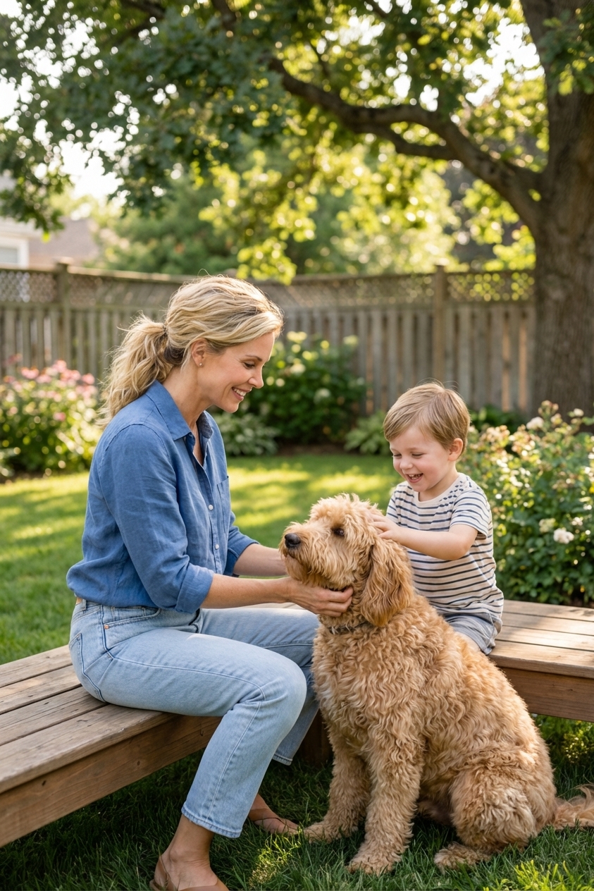 A Mini Goldendoodle sitting calmly next to an adult and a child in a backyard while being gently petted, candid lifestyle photo, photorealistic