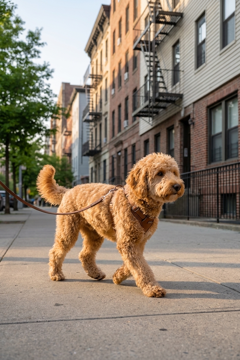 A Mini Goldendoodle walking on a leash on a city sidewalk near apartment buildings in soft morning light, photorealistic