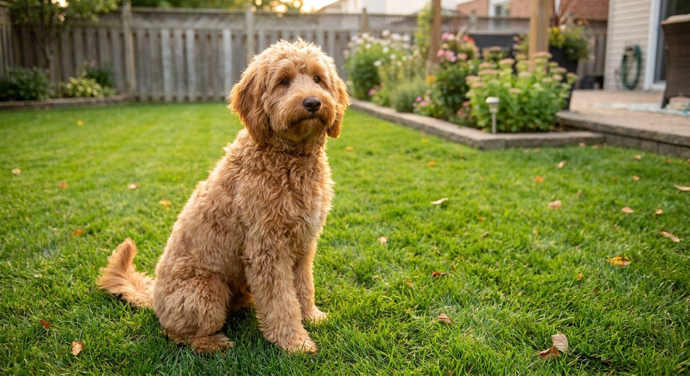 A Mini Goldendoodle with a wavy apricot coat sitting on a grassy suburban backyard lawn in soft afternoon light, real photograph style