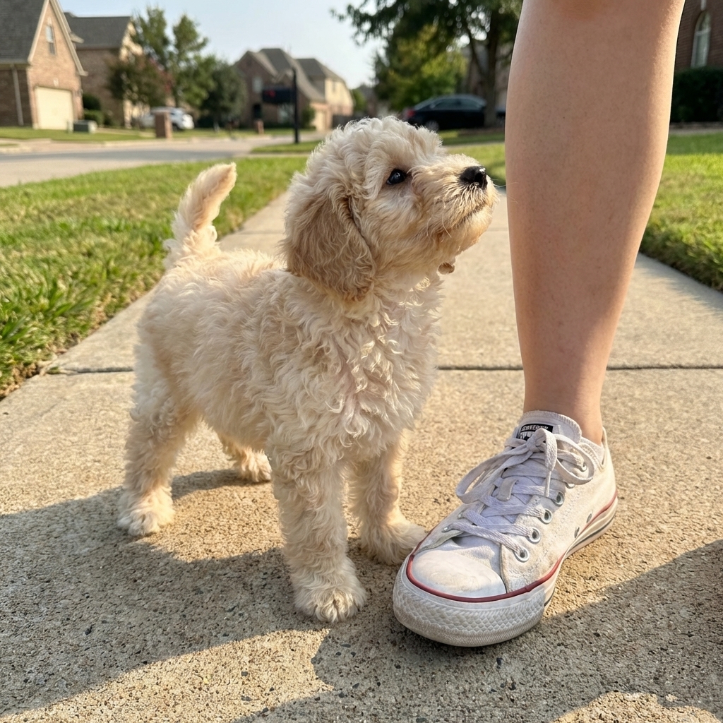 A Mini Labradoodle puppy standing on a sidewalk next to a person’s sneaker to show scale, outdoor natural light, photorealistic