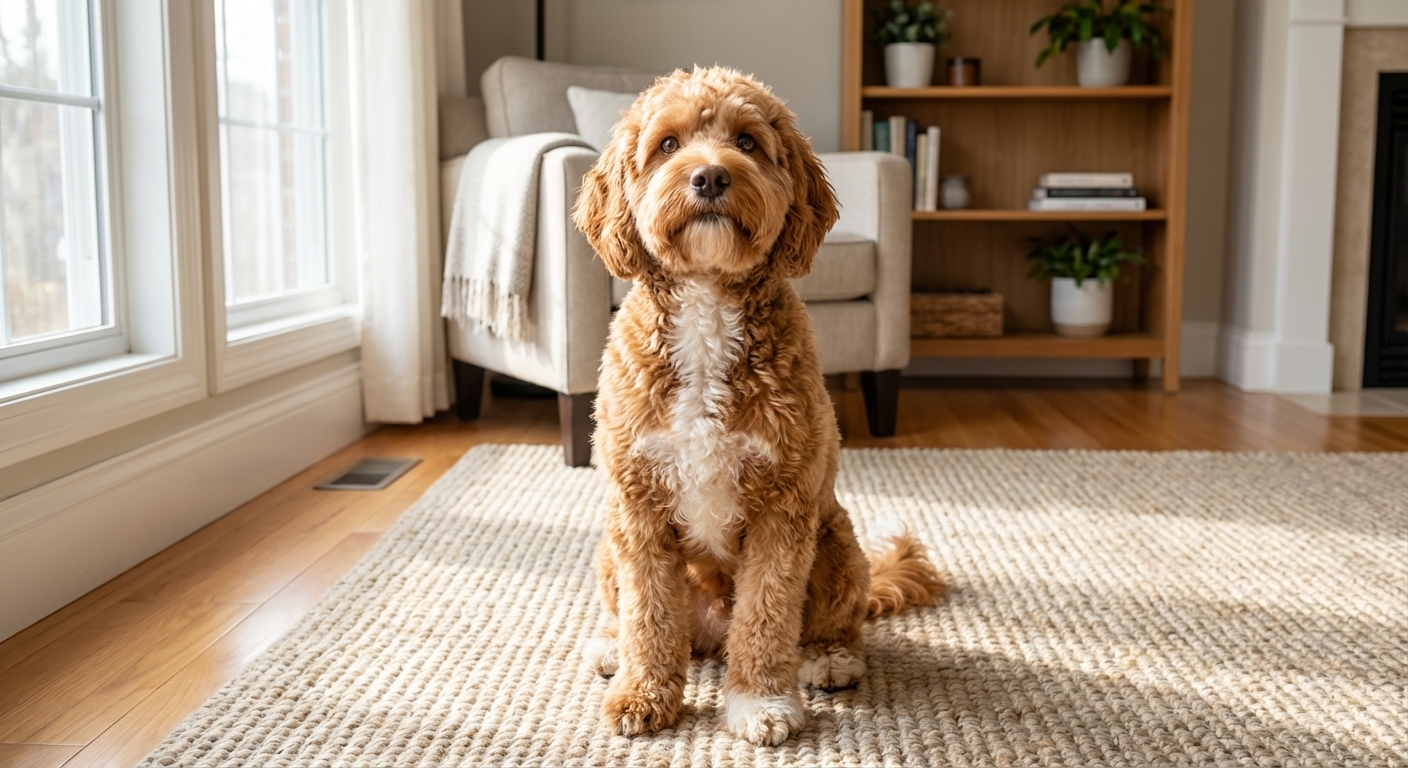 A Mini Labradoodle sitting on a living room rug looking up at the camera with a relaxed expression, natural window light, photorealistic