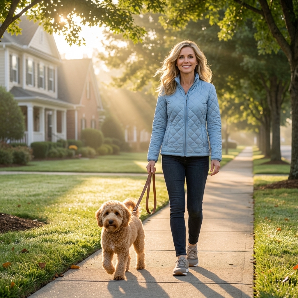 A Mini Labradoodle walking politely on a leash beside an owner on a neighborhood sidewalk, early morning light, photorealistic