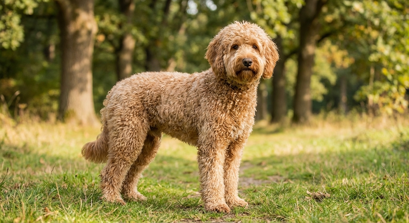 A Mini Labradoodle with a curly wool coat standing in a park with trees in the background, natural light, photorealistic