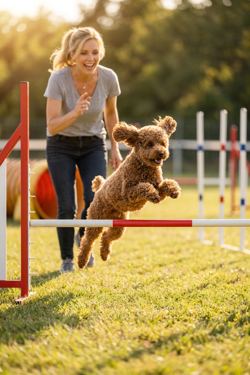 A Miniature Poodle running through an outdoor agility course with a handler in the background, realistic action pet photography