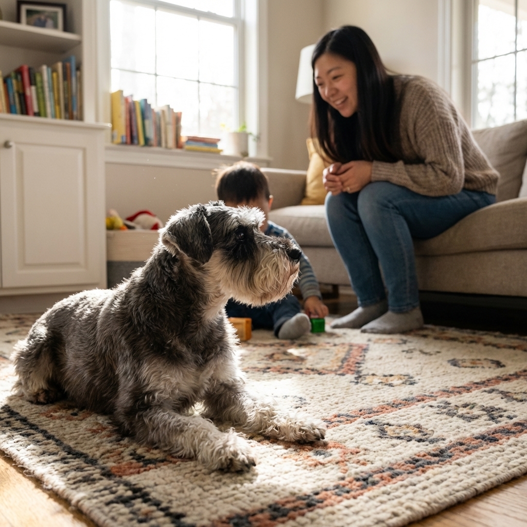 A Miniature Schnauzer rests on a rug in a family living room, watching people nearby.