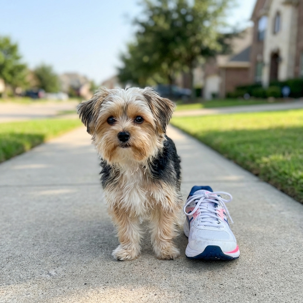 A Morkie standing on a sidewalk next to a person’s sneaker for size reference