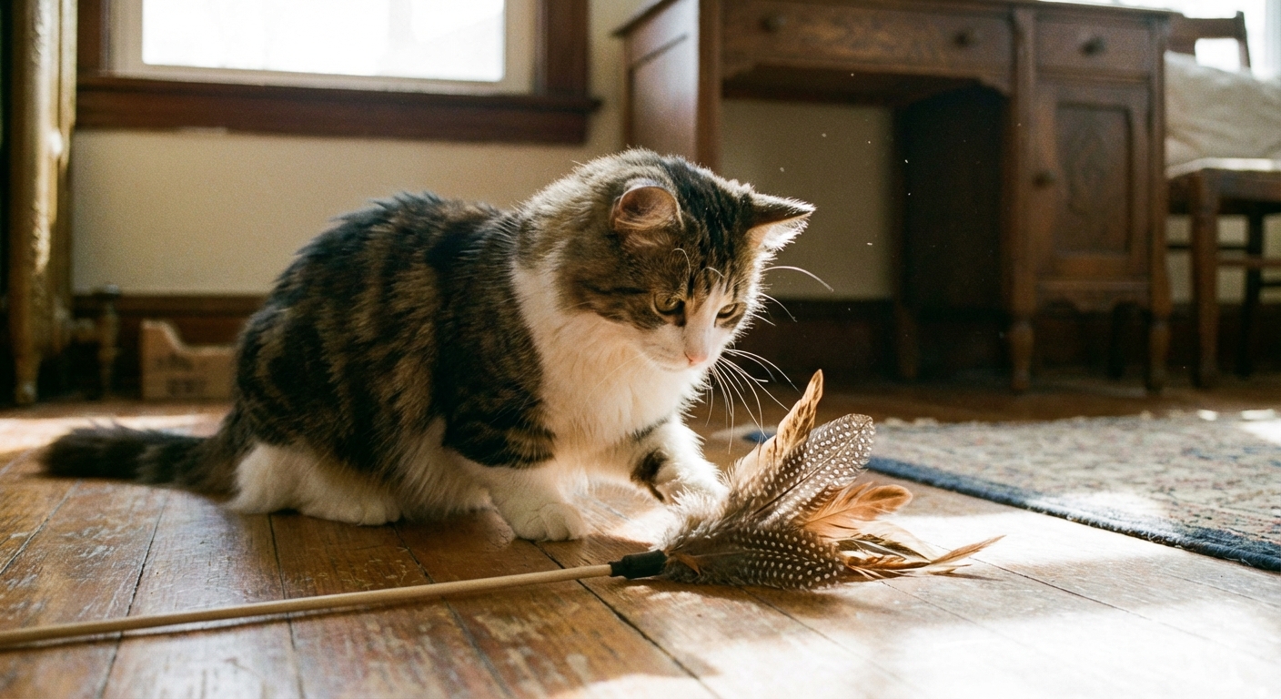 A Napoleon cat gently playing with a feather wand toy on a hardwood floor