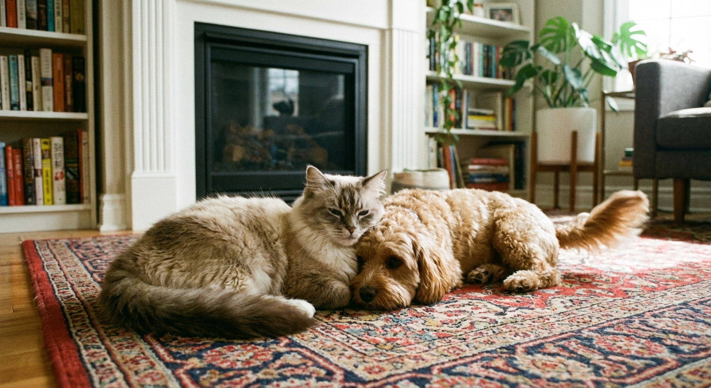 A Napoleon cat sitting calmly near a friendly small dog on a living room rug