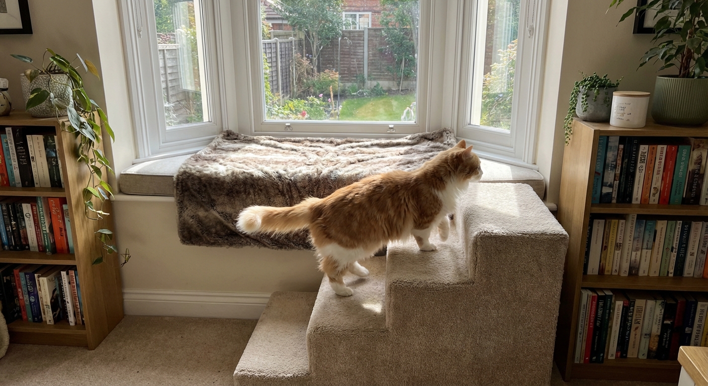 A Napoleon cat walking up a small set of pet steps to a window perch