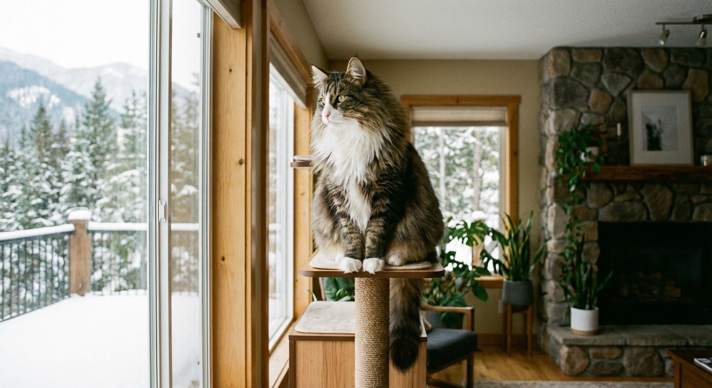 A Norwegian Forest Cat perched on a tall cat tree near a window, showing a thick fluffy coat and a triangular head
