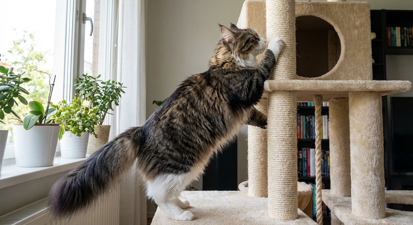 A Norwegian Forest Cat stretching on a tall cat tree with a thick tail visible and ears alert